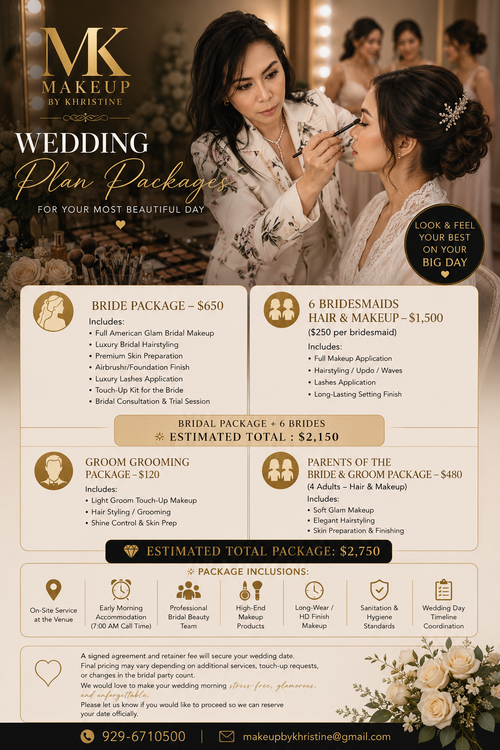 Bridal Makeup Packages 💫 Let us coordinate your beauty timeline so you can focus on making memories. Secure your date and let your journey to a lifetime of radiant beauty begin.

📩 EMAIL: makeupbykhristine@gmail.com